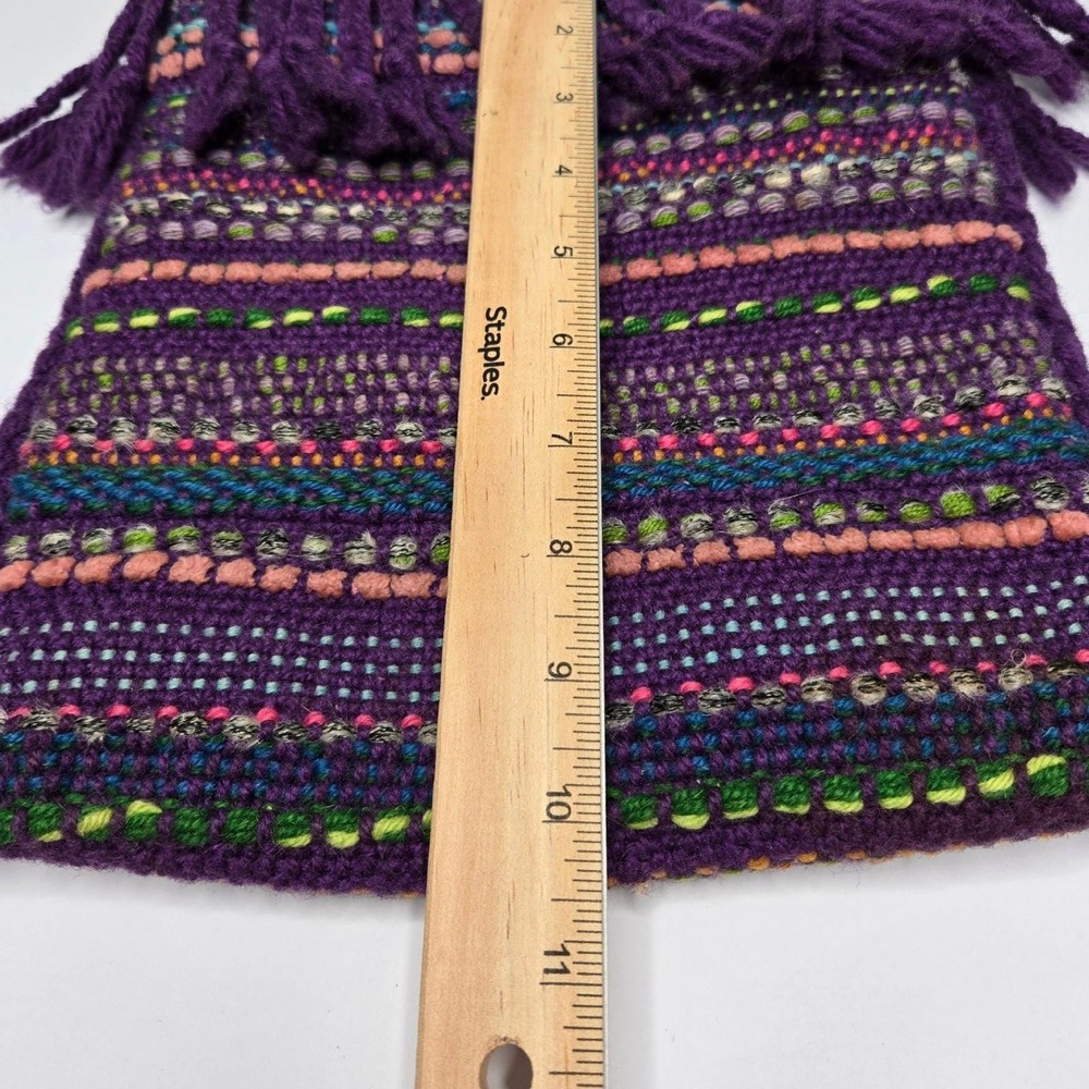 Vintage Hand Woven Purple Yarn Fringe Bag Nellie Burnham Boho Textile Purse 70s - Picture 13 of 14